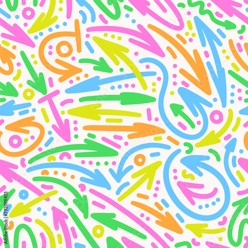Cute kids arrows vector seamless pattern. Hand drawn doodle wavy and curve pointer elements bright highlighters colors. Funny repeatable abstract background.