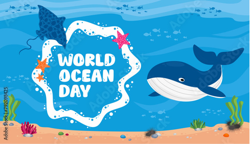 World Ocean Day banner poster with whale, algae, fish, coral, sea urchin and starfish stingrays, manta rays photo