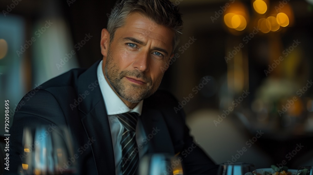 Obraz premium Professional Portrait Photography: Dapper Gentleman in Navy Suit Dining Elegantly, Classy Man in Business Attire with Restaurant Ambiance.