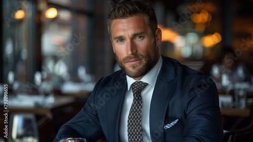 Professional Portrait Photography: Dapper Gentleman in Navy Suit Dining Elegantly, Classy Man in Business Attire with Restaurant Ambiance.