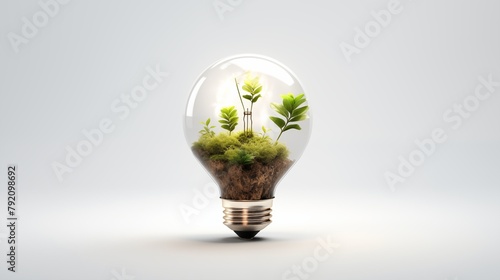 Eco friendly lightbulb with plants white background, Renewable and sustainable energy.