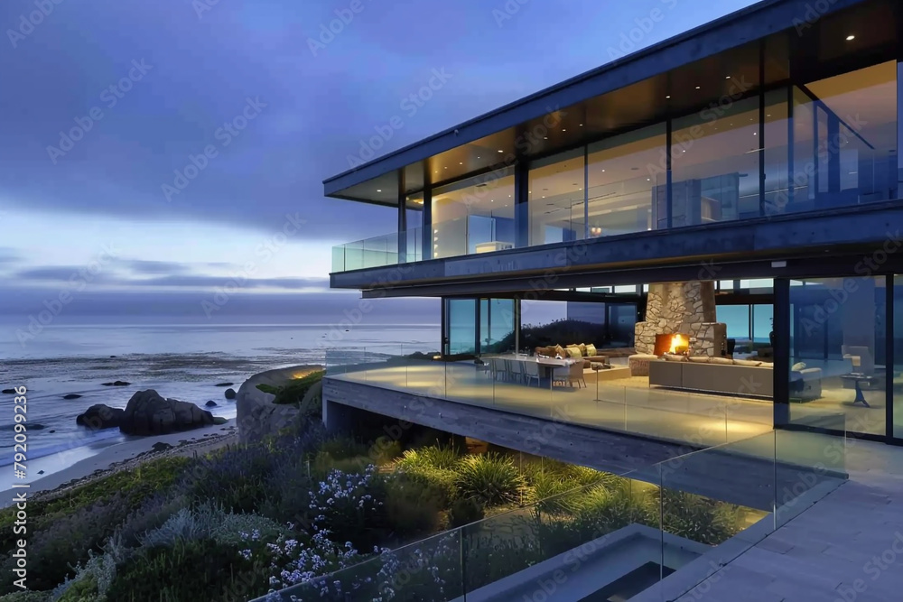 Modern beachfront residence with a sleek design and a glass-walled living area showcasing the breathtaking ocean views, isolated on solid white background. Modern beachfront residence with a sleek design and a glass-walled living area showcasing the breathtaking ocean views, isolated on solid white background.