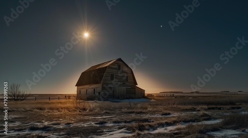 Moon ligthiting hitting the barn  light is just skimming across the field. Saskatchewan   Canada. Image taken from a tripod.  