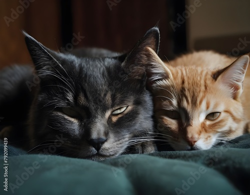 two cats laying on a bed together on the blanket