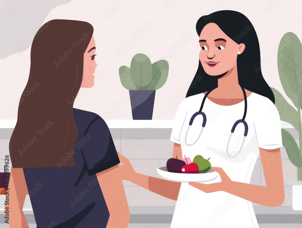 Illustration of a nutritionist with a stethoscope handing a plate of fruit to a patient in a clinic setting. Illustration of a nutritionist with a stethoscope handing a plate of fruit to a patient in a clinic setting.