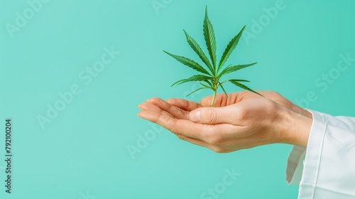 Organic Marijuana Leaf Hand Medical CBD Cannabis Concept Alternative Medicine Blue Background Banner Copy Space