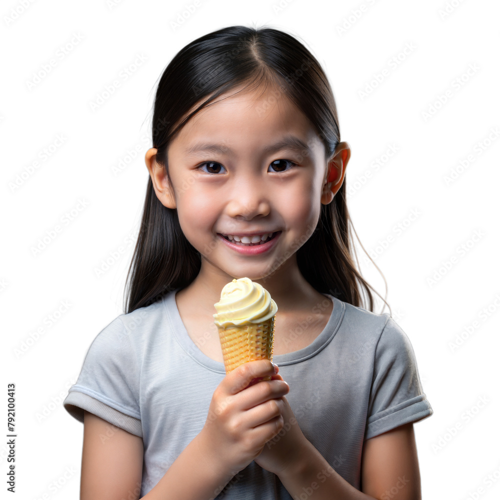 Young girl enjoying a vanilla ice cream cone with a smile Young girl enjoying a vanilla ice cream cone with a smile