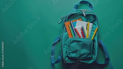 Opened School backpack with stationery on green background. Concept back to school. School supplies.