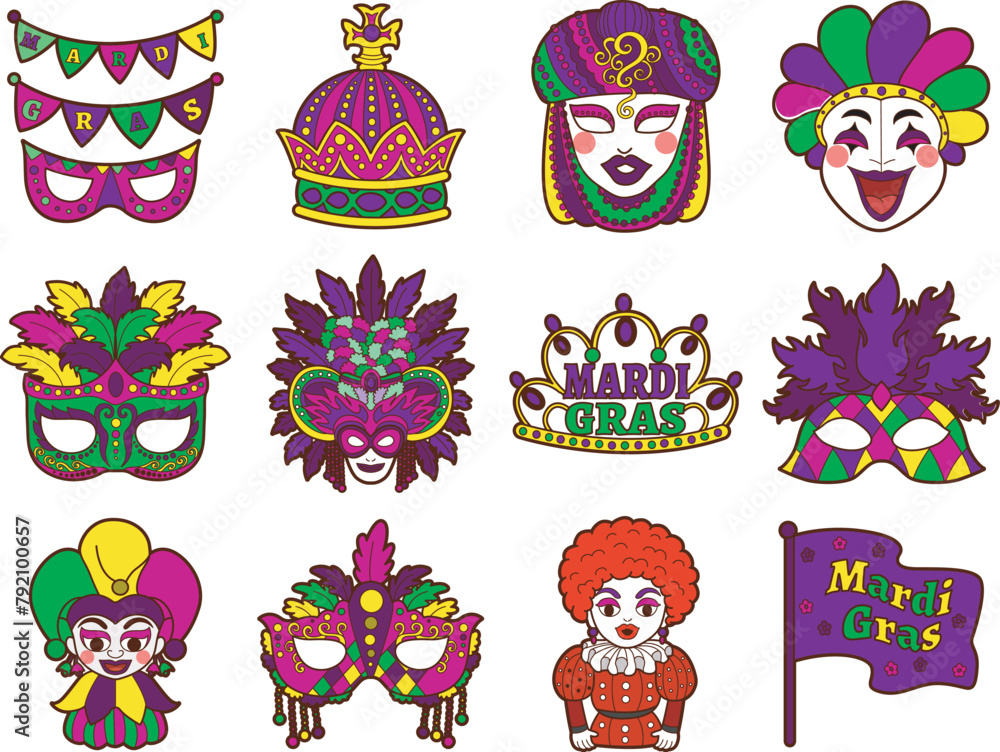 Fototapeta premium Cute Mardi Gras vector icon. Colorful of Mardi Gras carnival celebration in French.