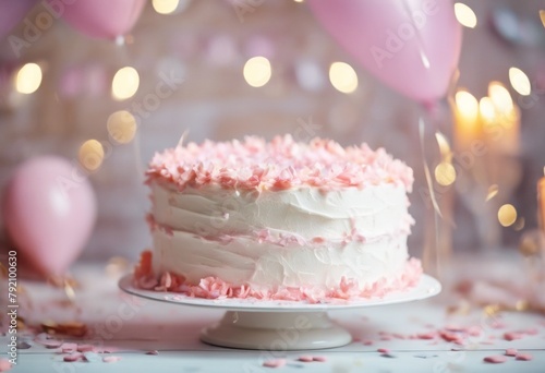 'celebration decorated White table cake confetti pastel pink birthday party festive vanilla wedding valentine rose peony soft tender gold holiday dessert happy elegant romantic s'