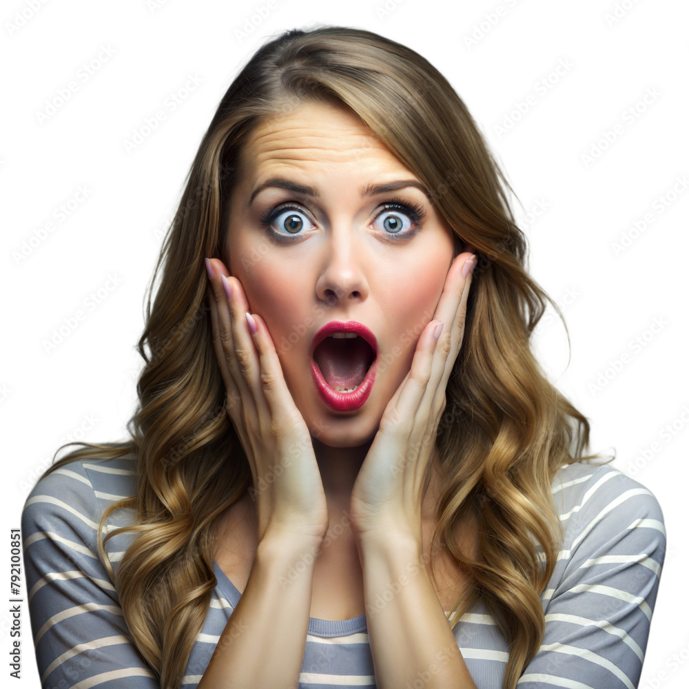 Young woman expressing shock and surprise on clear background Young woman expressing shock and surprise on clear background