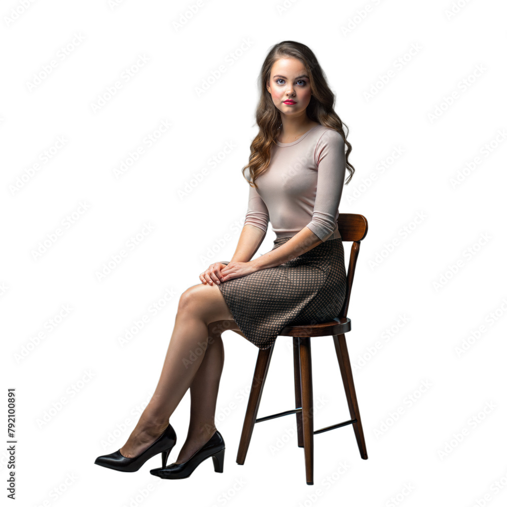 Elegant young woman seated on a wooden stool Elegant young woman seated on a wooden stool