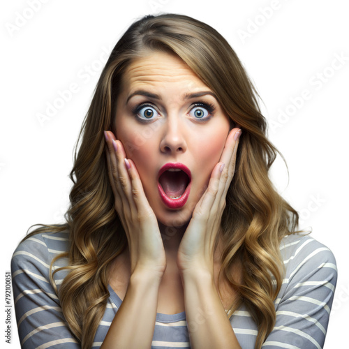 Young woman expressing shock and surprise on clear background