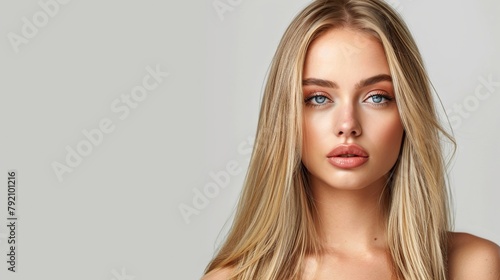 Beautiful woman with long straight blonde hair posing against gray background, in beauty concept style.