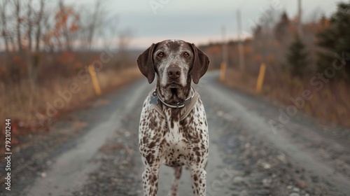 Portrait of A pointer standing on crossroads, Meaghers Grant,Nova Scotia,Canada.