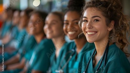 Diverse healthcare students in scrubs smiling as they begin clinical training in hospital. Concept Healthcare Students, Scrubs, Clinical Training, Hospital, Diversity photo