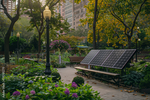 Solar panel on a bench in a lush park surrounded by autumn foliage in an urban setting, eco-friendly energy