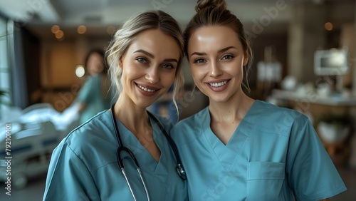 Two caring nurses in a modern healthcare setting like a hospital or retirement home. Concept Healthcare Professionals, Modern Setting, Nurses, Caring, Healthcare Facility