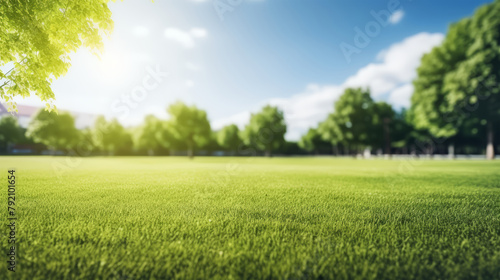 Beautiful spring summer natural landscape. Green meadow or city park grass, trees, on blue sky, clouds, sun background, on warm sunny day. Colorful bright nature wallpaper with copy space for text.
