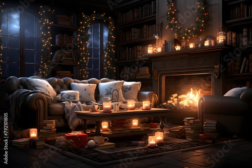 Interior of a cozy living room with a fireplace and Christmas decorations. 3d rendering photo