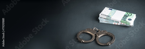 Quadro em tela handcuffs and money on black background, stock photo, criminal concept