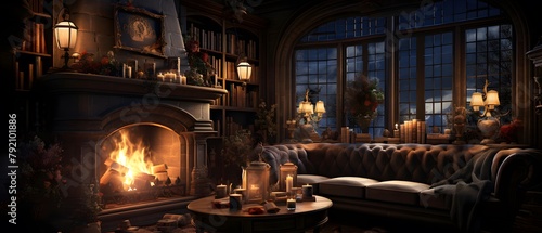 Cozy home interior with fireplace, candles and sofa. Panorama