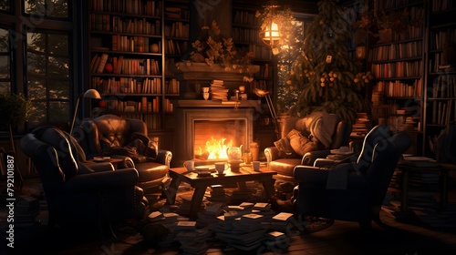 Cozy living room with fireplace, armchairs and books. 3d rendering