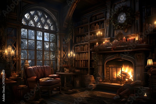 Interior of a medieval castle with a fireplace, armchairs, books and a bookcase