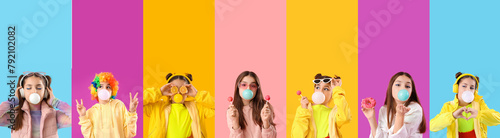 Collage of trendy girl blowing bubble gum on colorful background
