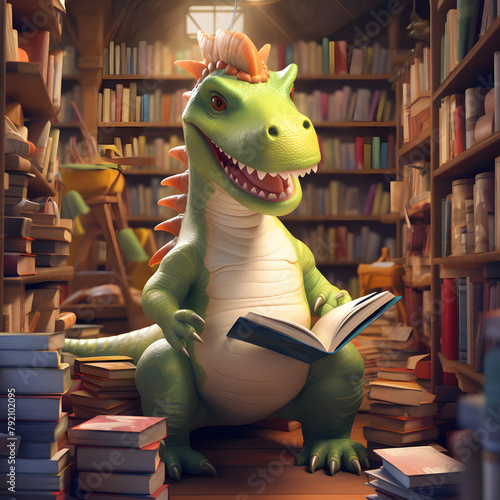 Fototapeta Naklejka Na Ścianę i Meble -  A dinosaur in a human suit reads books in the library. Illustration. Abstract concept of schooling.	