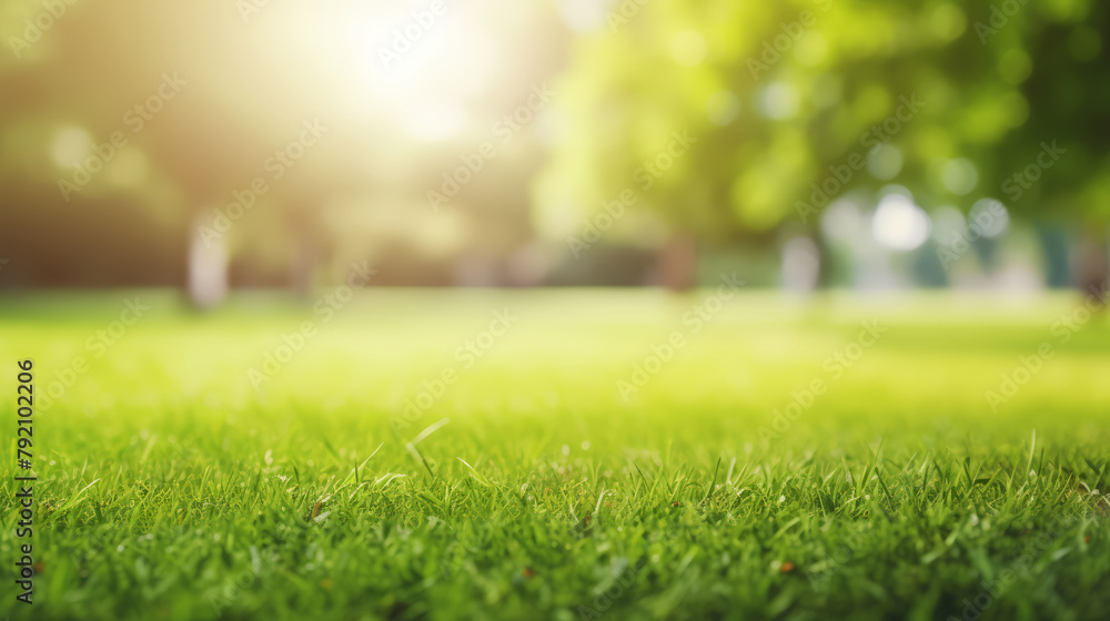 Beautiful spring summer natural landscape. Green meadow or city park grass, trees and sunlight background, on warm sunny morning day. Colorful bright nature wallpaper with copy space for text.