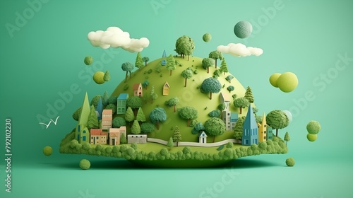 Green world paper cute style with Copy space, Earth day banner and World Environment day concept.