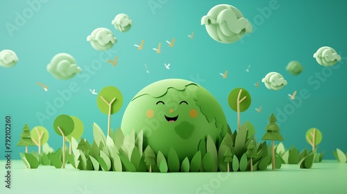 Fototapeta Naklejka Na Ścianę i Meble -  Green world paper cute style with Copy space, Earth day banner and World Environment day concept.