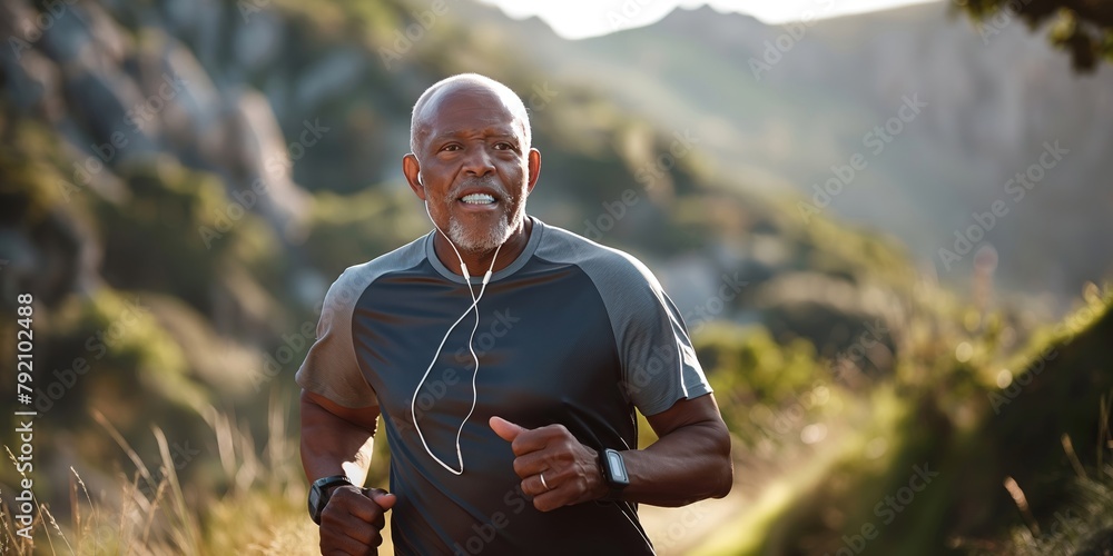 Fototapeta premium An African man is running in the mountains with headphones on