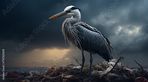 grey heron stands on a pile of assorted garbage by the sea under a stormy sky, symbolizing environmental neglect. photo