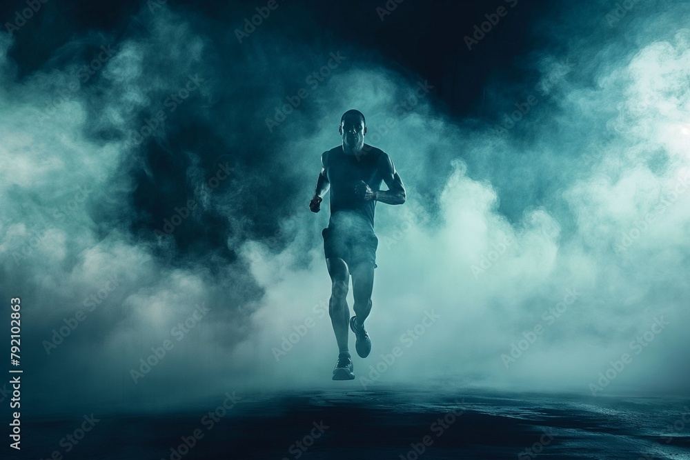 athlete running on a smokey dark background, a man running on a smokey dark background, running on a dark smoke background, running on a dark background, runner, runs day background