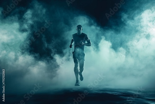 athlete running on a smokey dark background, a man running on a smokey dark background, running on a dark smoke background, running on a dark background, runner, runs day background
