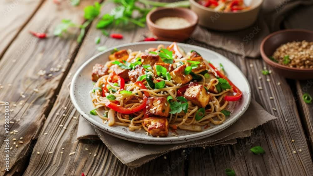 Zooming in on a Delicious Plate of Tofu and Vegetable Noodles Isolated on a Transparent Background Zooming in on a Delicious Plate of Tofu and Vegetable Noodles Isolated on a Transparent Background