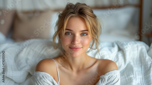 Blonde girl relaxing at home, happy woman relaxation morning
