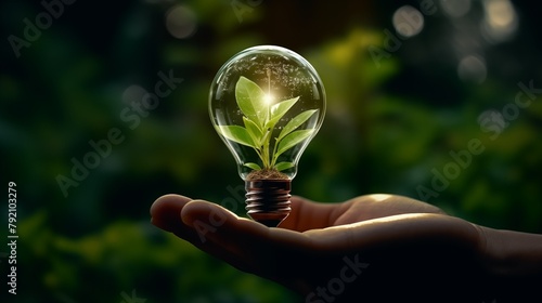 Hand holding light bulb against nature on green leaf with energy sources, Sustainable developmen and responsible environmental, Energy sources for renewable.
