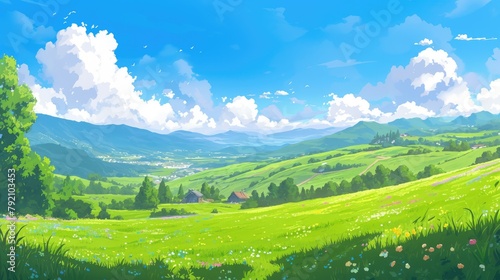Experience the tranquil beauty of Serene Fields a vivid 2d illustration depicting a lush cartoon meadow under clear blue skies with rolling hills