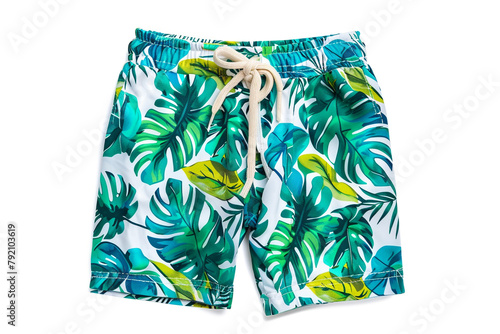 Playful swim trunks with tropical leaf print for boys, isolated on a solid white background