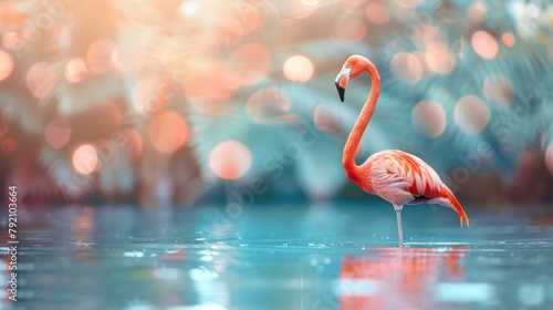 Beautiful pink flamingo on a lake with blurred background wallpaper style in high resolution and high quality. animal concept, backgrounds, wallpapers