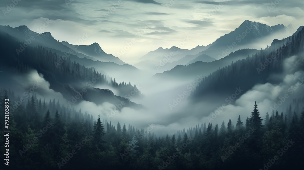 hoto realistic illustration of mountains forest fog morning mystic.