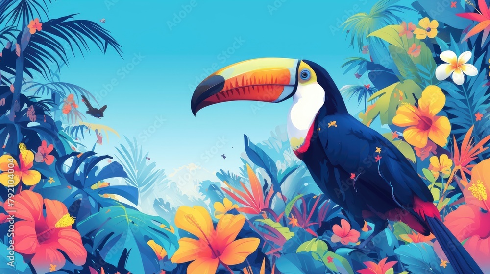 Obraz premium A vibrant tropical backdrop adorned with exotic flowers and a colorful Toucan