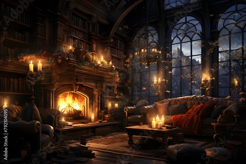 Fantasy interior with fireplace. 3D illustration. 3D CG. High resolution.