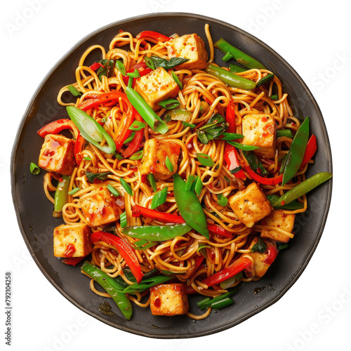 Delicious Plate of Tofu and Vegetable Noodles Isolated on a Transparent Background 