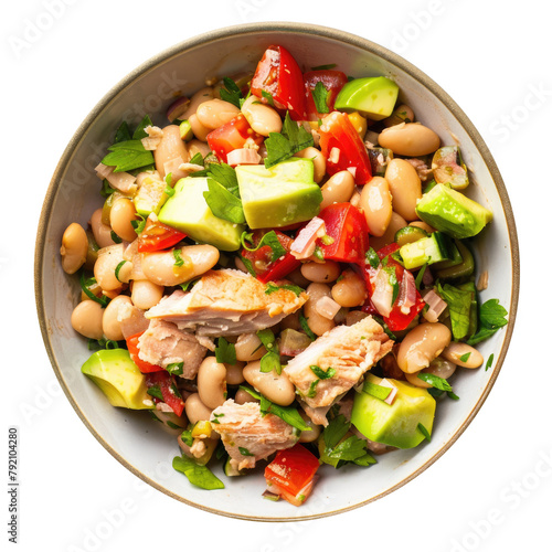 Bowl of Salad with Beans, Chicken, Avocado, Tomatoes and Cucumbers Isolated on a Transparent Background 