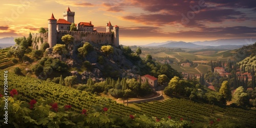 vineyards against the backdrop of a medieval castle Generative AI