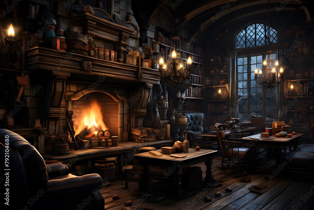 3D rendering of a medieval castle interior with fireplace and wooden furniture